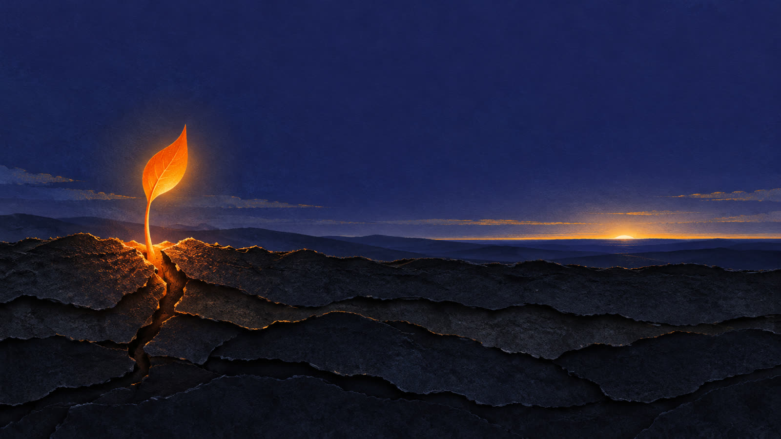 A glowing sprout breaking through dark earth at dawn