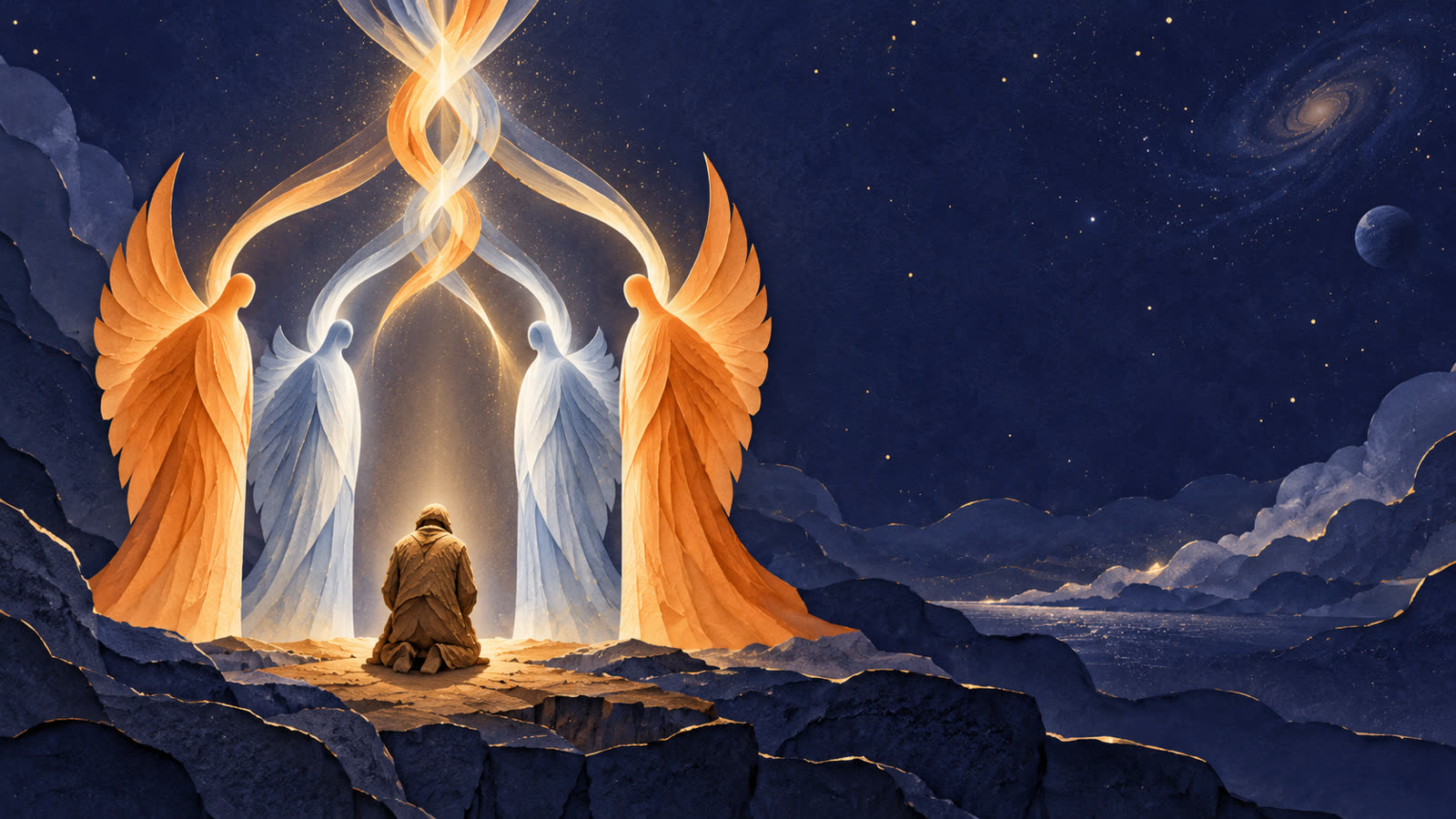 Four beings of light around a man formed from earth